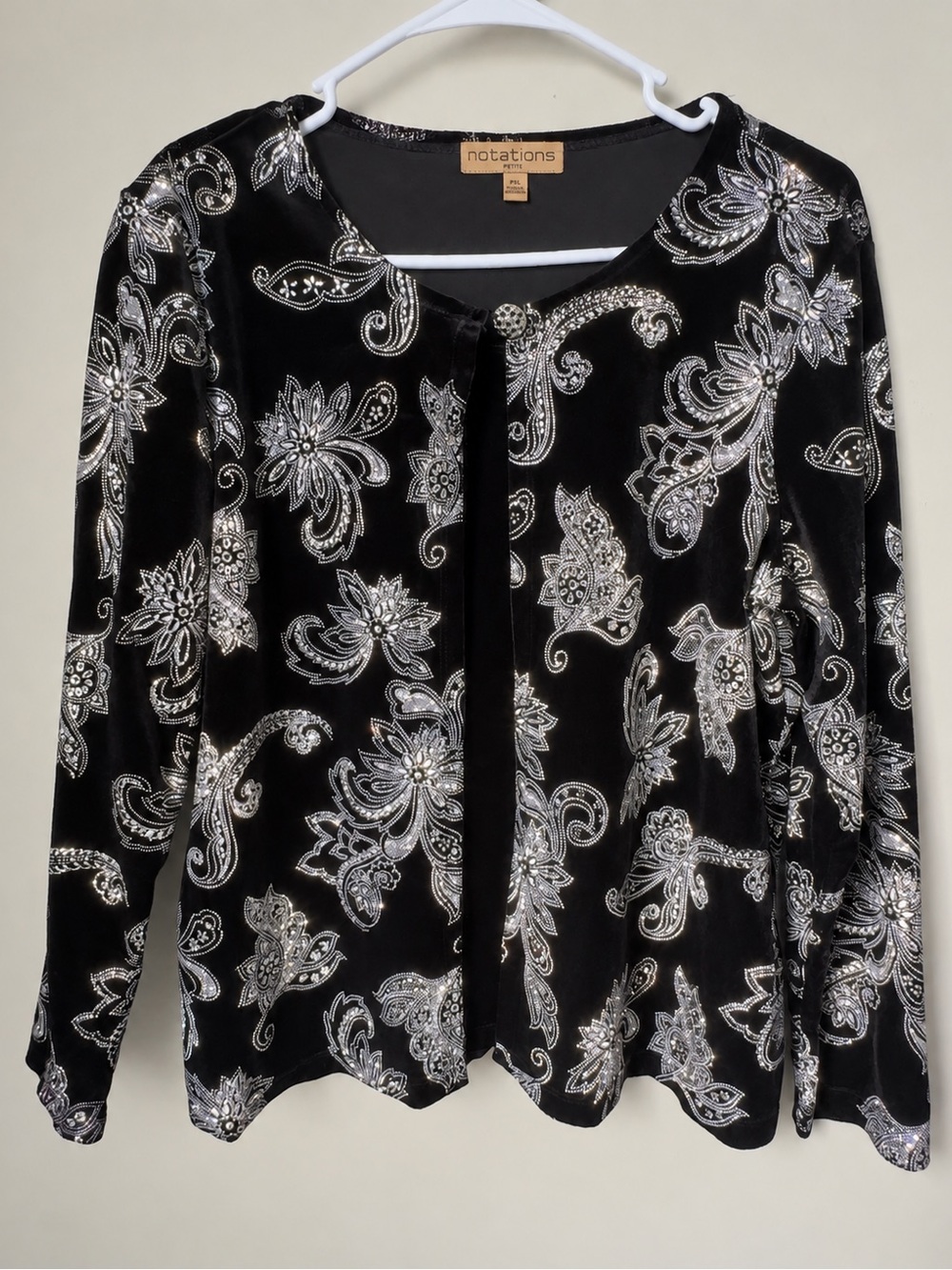 Notations Petite PXL Black Velvet Silver Paisley Floral Shimmer Cardigan